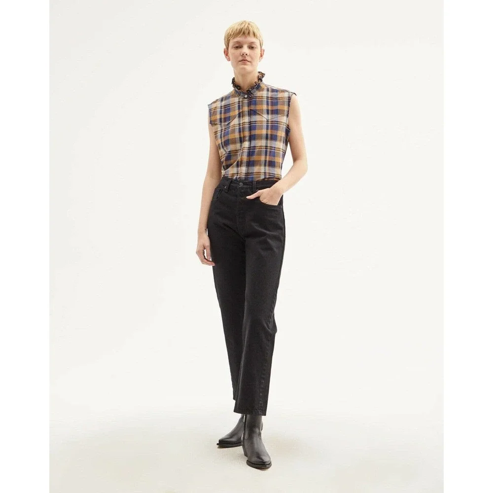 NILI LOTAN Feora Blue/Tan Plaid RuffleNeck Top NWT - Picture 2 of 10